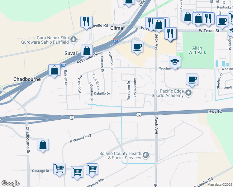 map of restaurants, bars, coffee shops, grocery stores, and more near 2134 Sunhaven Court in Fairfield