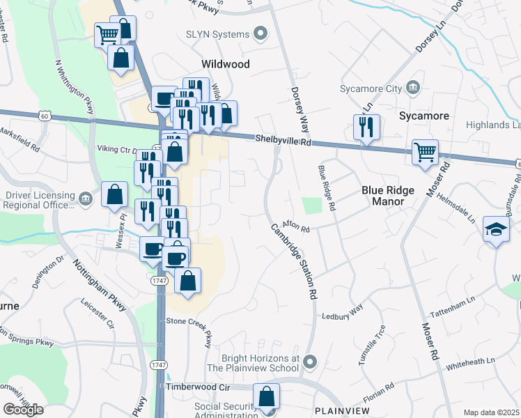 map of restaurants, bars, coffee shops, grocery stores, and more near 210 Cambridge Station Road in Louisville