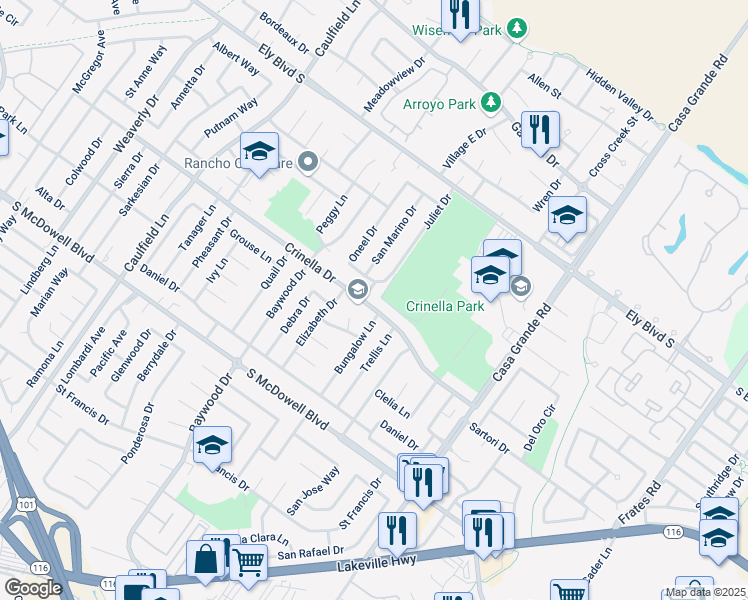 map of restaurants, bars, coffee shops, grocery stores, and more near 1051 Crinella Drive in Petaluma