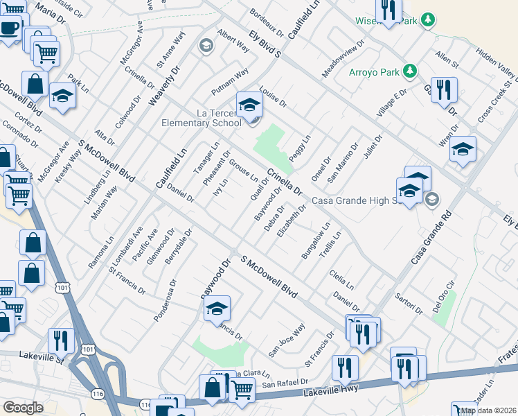 map of restaurants, bars, coffee shops, grocery stores, and more near 1449 Baywood Drive in Petaluma