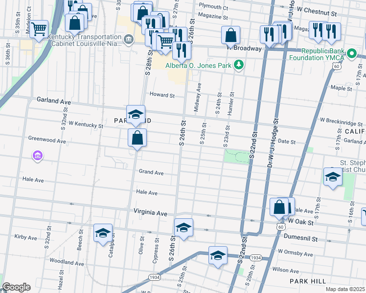 map of restaurants, bars, coffee shops, grocery stores, and more near 2534 West Kentucky Street in Louisville