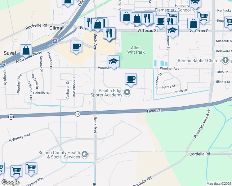 map of restaurants, bars, coffee shops, grocery stores, and more near 1678 Ontario Court in Fairfield