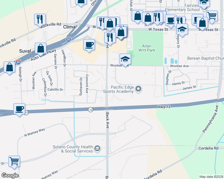 map of restaurants, bars, coffee shops, grocery stores, and more near 1986 Diamond Way in Fairfield