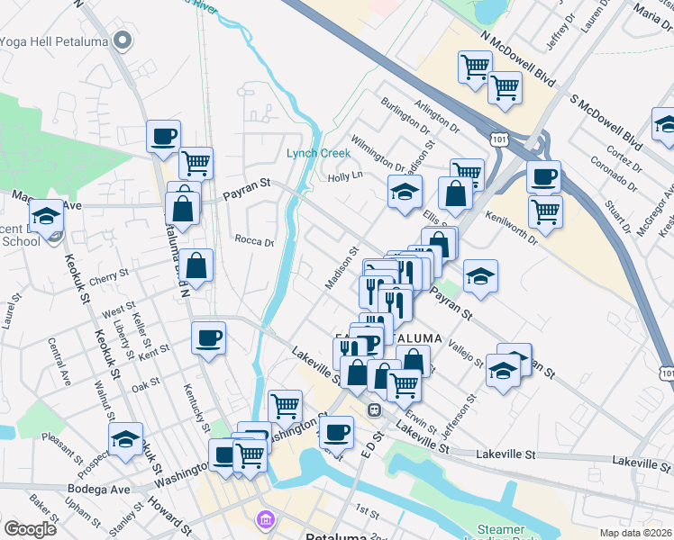 map of restaurants, bars, coffee shops, grocery stores, and more near 615 Madison Street in Petaluma