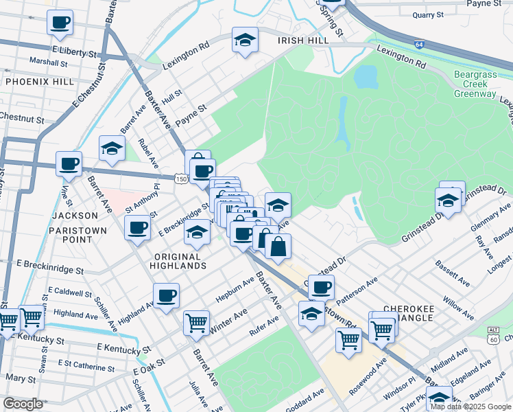 map of restaurants, bars, coffee shops, grocery stores, and more near 933 Cherokee Road in Louisville