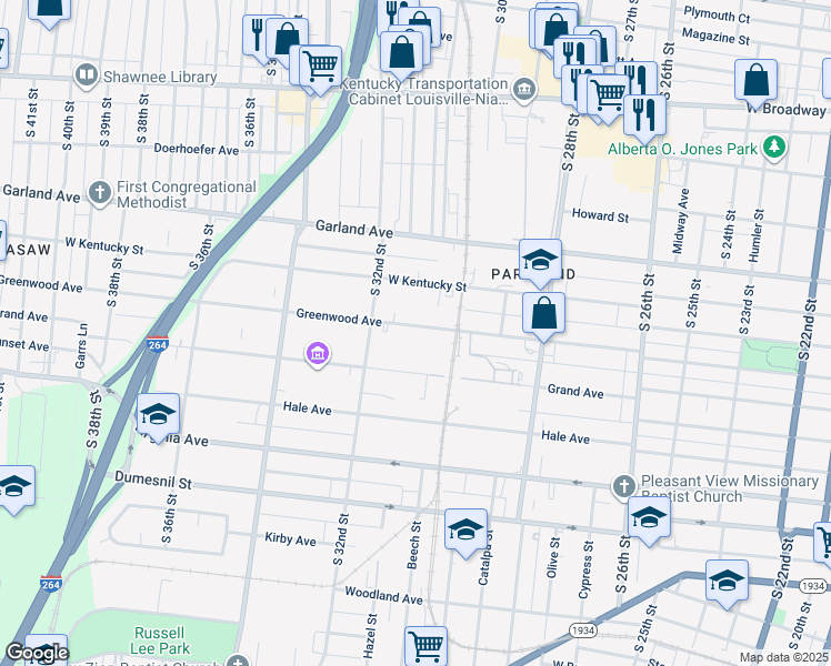 map of restaurants, bars, coffee shops, grocery stores, and more near 3034 Greenwood Avenue in Louisville