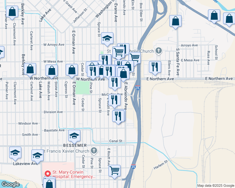 map of restaurants, bars, coffee shops, grocery stores, and more near 399 Central Avenue in Pueblo