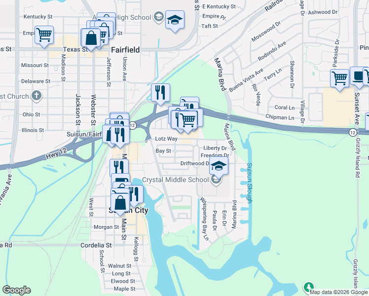 map of restaurants, bars, coffee shops, grocery stores, and more near 816 Bay Street in Suisun City