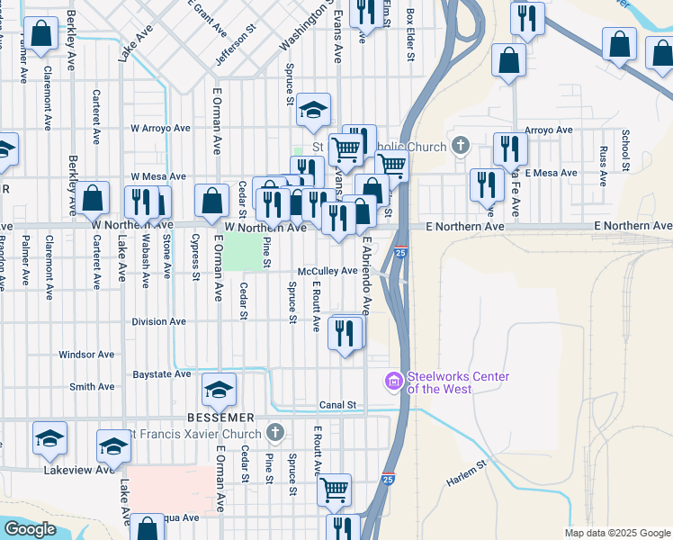 map of restaurants, bars, coffee shops, grocery stores, and more near 421 Central Avenue in Pueblo