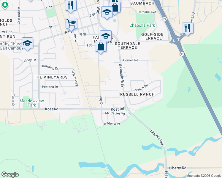 map of restaurants, bars, coffee shops, grocery stores, and more near 825 Ellis Circle in Galt