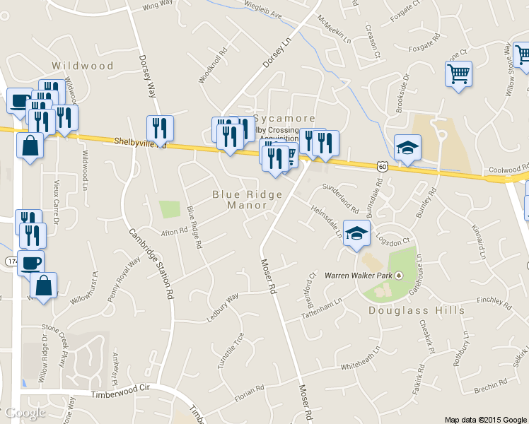map of restaurants, bars, coffee shops, grocery stores, and more near 311 Rosewood Drive in Louisville
