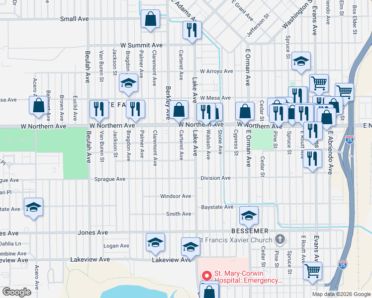 map of restaurants, bars, coffee shops, grocery stores, and more near 1408 Carteret Avenue in Pueblo