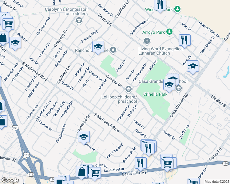 map of restaurants, bars, coffee shops, grocery stores, and more near 1532 Debra Drive in Petaluma