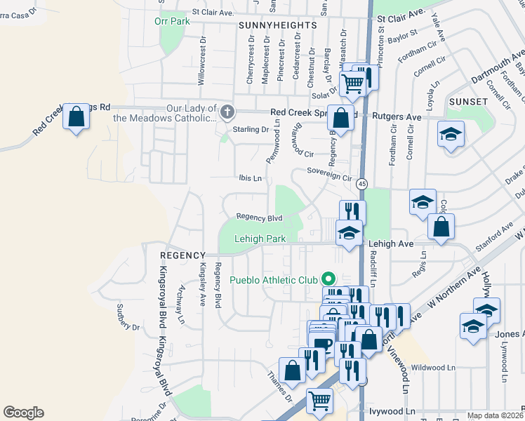map of restaurants, bars, coffee shops, grocery stores, and more near 77 Pennwood Lane in Pueblo