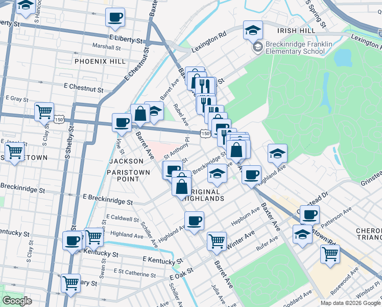 map of restaurants, bars, coffee shops, grocery stores, and more near 1419 Debarr Street in Louisville