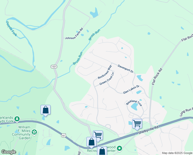 map of restaurants, bars, coffee shops, grocery stores, and more near 416 Rockcrest Way in Louisville