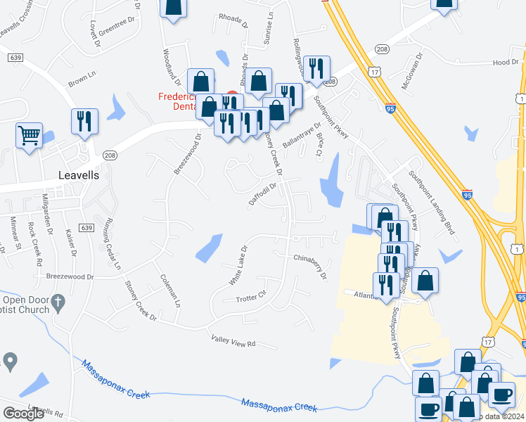 map of restaurants, bars, coffee shops, grocery stores, and more near 5232 Magnolia Place in Fredericksburg