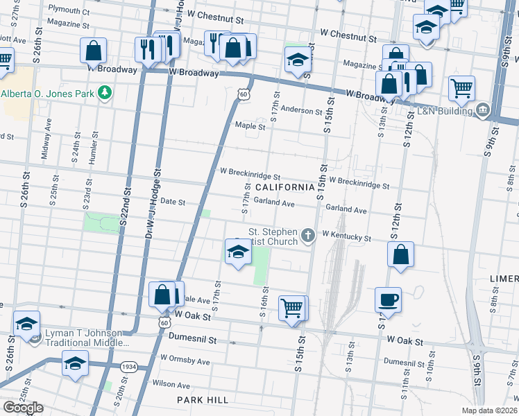 map of restaurants, bars, coffee shops, grocery stores, and more near 1600 Garland Avenue in Louisville