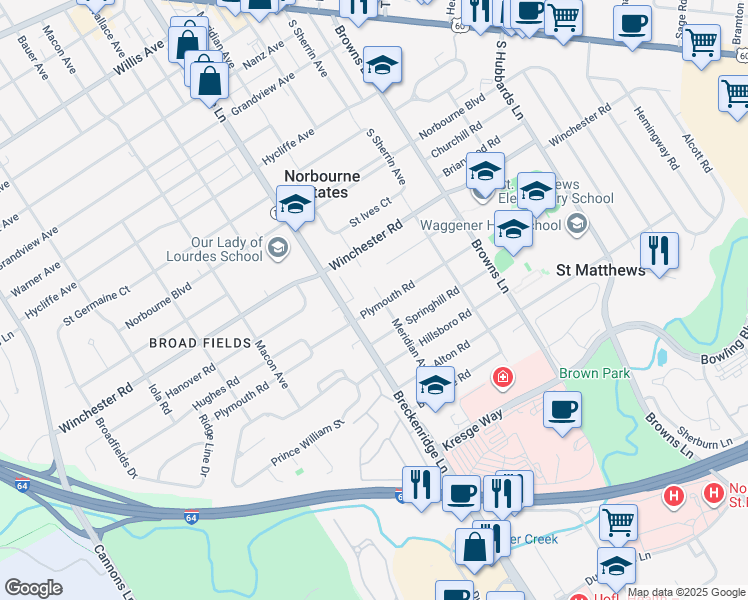 map of restaurants, bars, coffee shops, grocery stores, and more near 3909 Plymouth Road in Saint Matthews