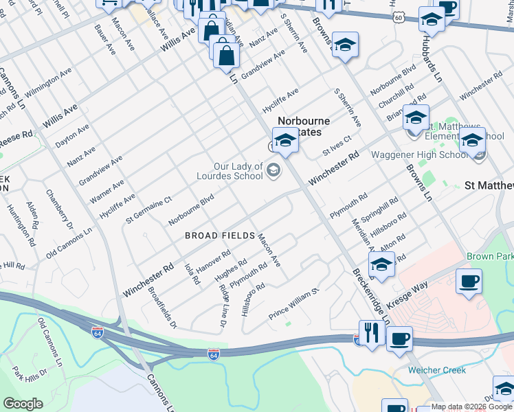 map of restaurants, bars, coffee shops, grocery stores, and more near 3708 Winchester Road in Louisville