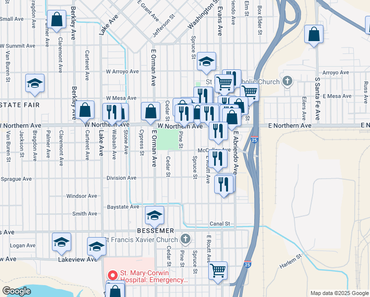 map of restaurants, bars, coffee shops, grocery stores, and more near 1336 Pine Street in Pueblo