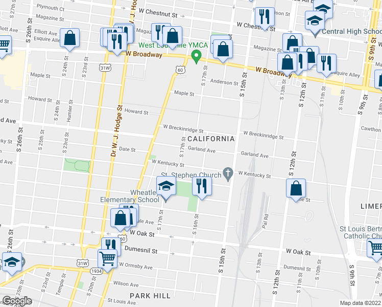 map of restaurants, bars, coffee shops, grocery stores, and more near 1600 Garland Avenue in Louisville