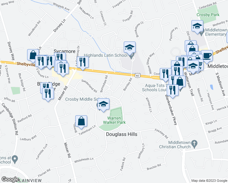 map of restaurants, bars, coffee shops, grocery stores, and more near 219 Charlestown Court in Douglass Hills