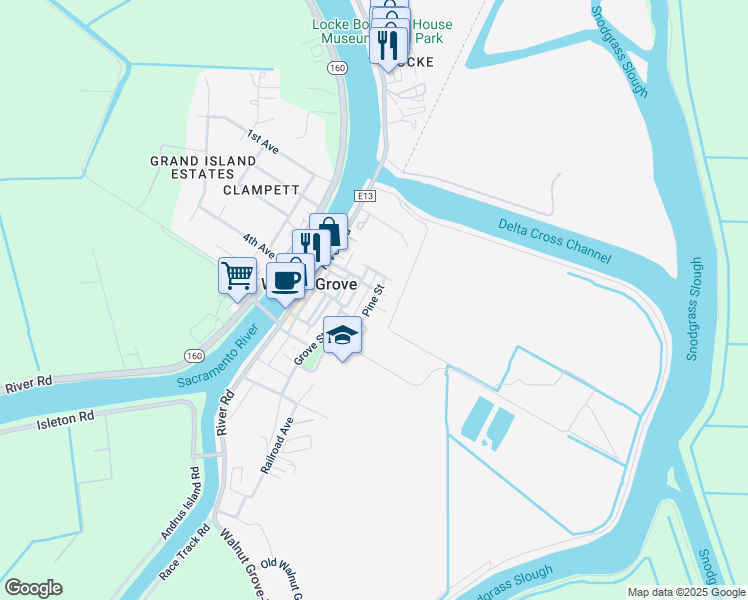 map of restaurants, bars, coffee shops, grocery stores, and more near Pine Street in Walnut Grove