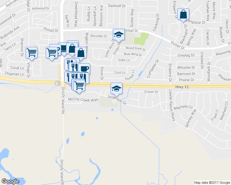 map of restaurants, bars, coffee shops, grocery stores, and more near 933 McCoy Creek Circle in Suisun City