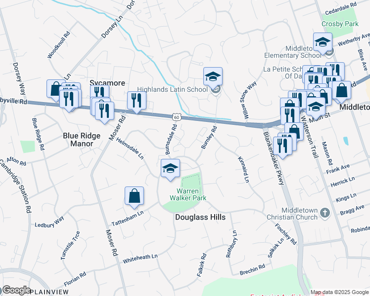 map of restaurants, bars, coffee shops, grocery stores, and more near 210 Charlestown Court in Douglass Hills