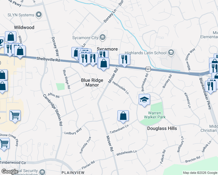 map of restaurants, bars, coffee shops, grocery stores, and more near 204 Prestwick Place in Louisville
