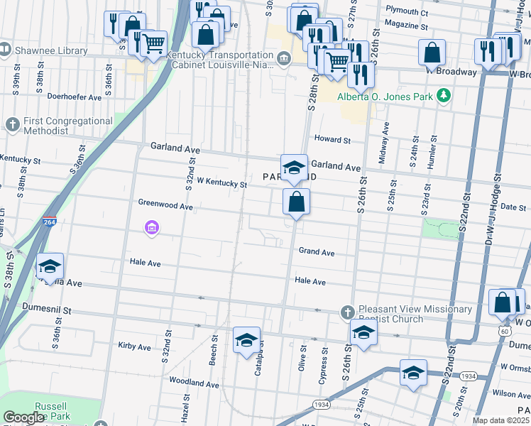 map of restaurants, bars, coffee shops, grocery stores, and more near 2901 Greenwood Avenue in Louisville