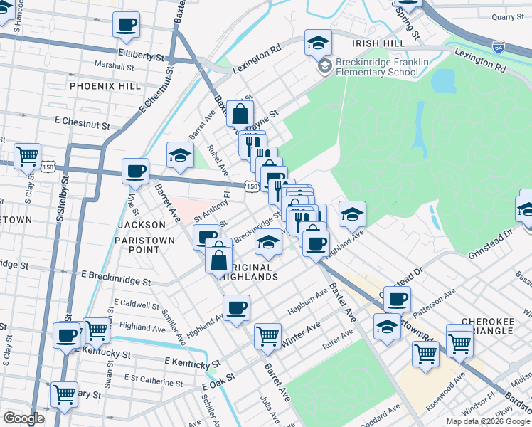 map of restaurants, bars, coffee shops, grocery stores, and more near 1507 East Breckinridge Street in Louisville
