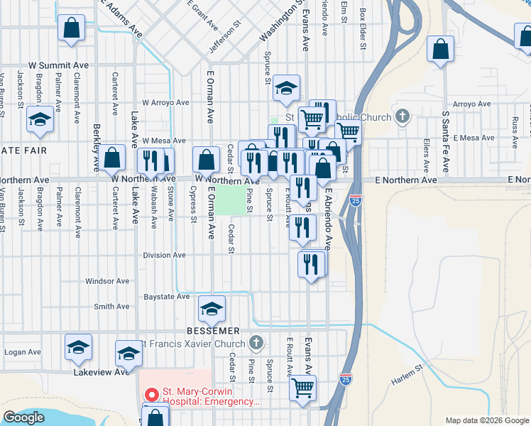 map of restaurants, bars, coffee shops, grocery stores, and more near 1339 Spruce Street in Pueblo