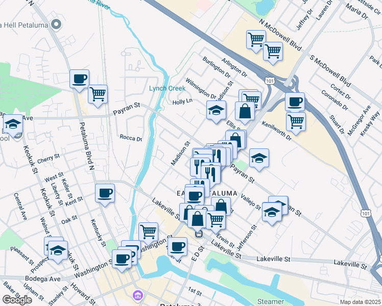 map of restaurants, bars, coffee shops, grocery stores, and more near 3 Averye Way in Petaluma