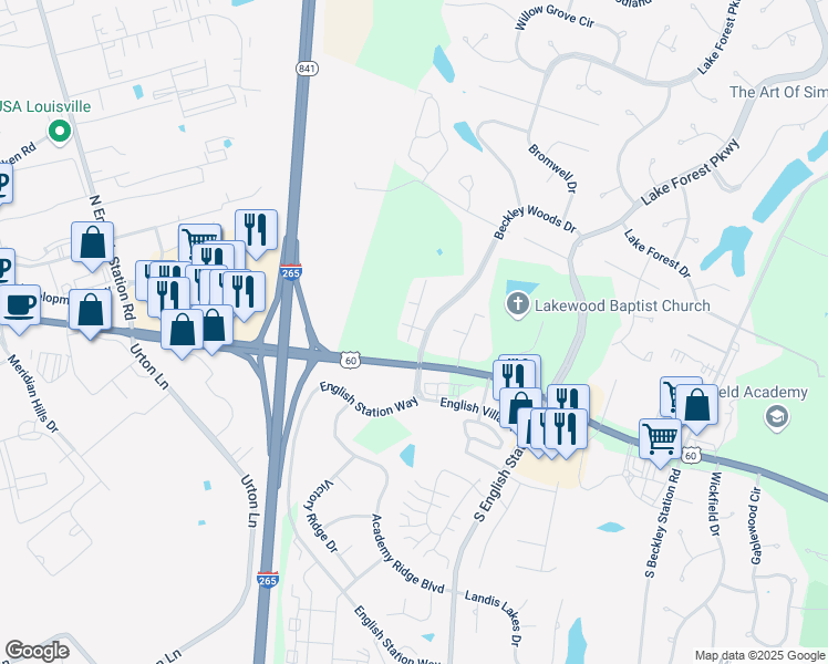 map of restaurants, bars, coffee shops, grocery stores, and more near 213 Beckley Ridge Lane in Louisville