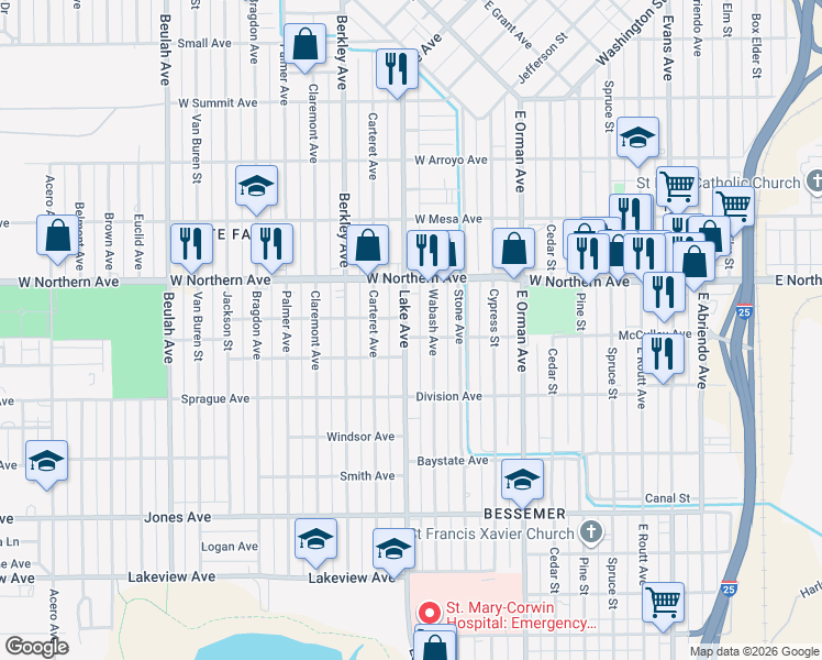 map of restaurants, bars, coffee shops, grocery stores, and more near 1344 Lake Avenue in Pueblo