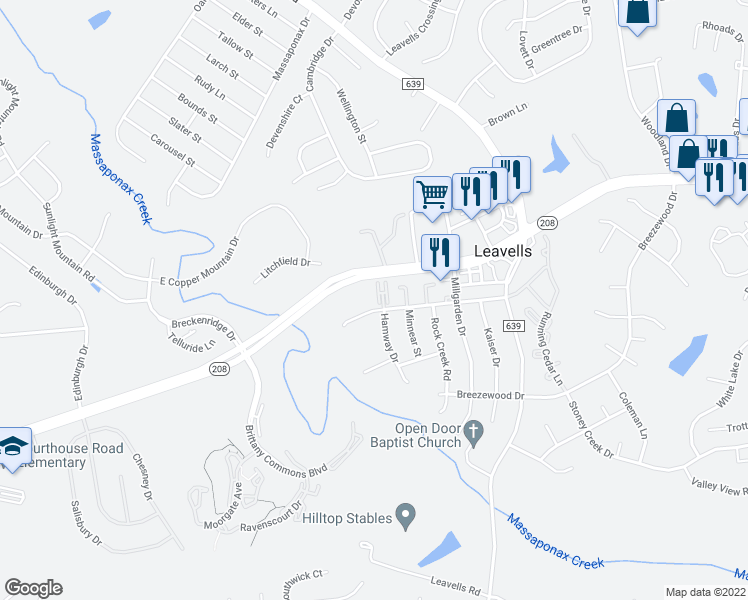 map of restaurants, bars, coffee shops, grocery stores, and more near 2205 Hamway Drive in Fredericksburg