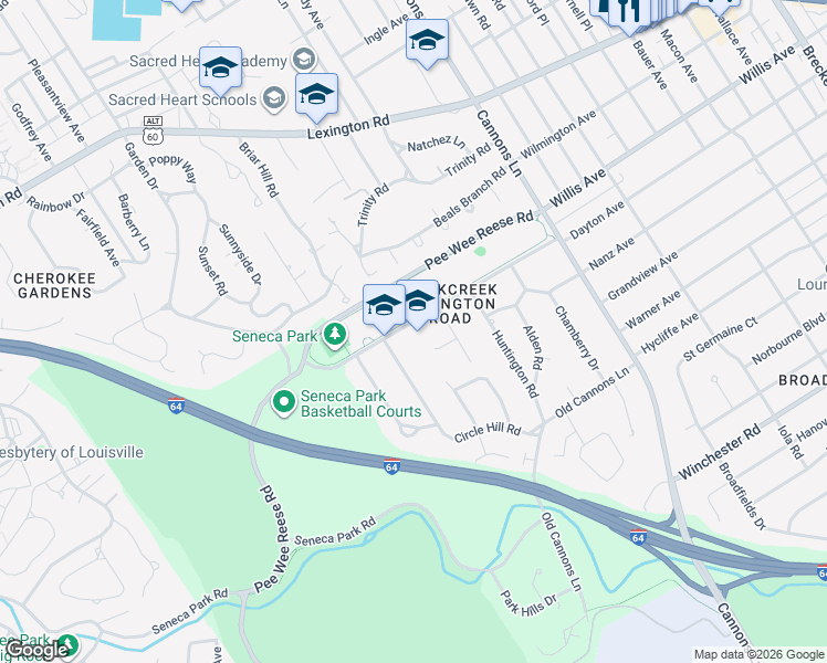map of restaurants, bars, coffee shops, grocery stores, and more near 3110 Rock Creek Drive in Louisville