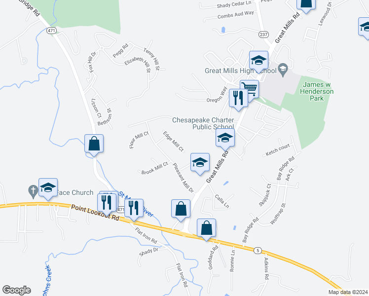 map of restaurants, bars, coffee shops, grocery stores, and more near 45680 Edge Mill Court in Great Mills