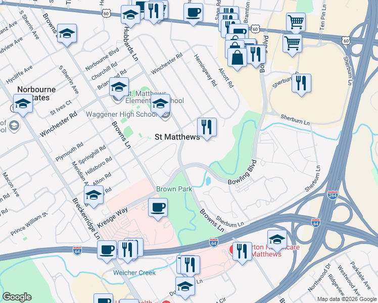 map of restaurants, bars, coffee shops, grocery stores, and more near 425 South Hubbards Lane in Saint Matthews