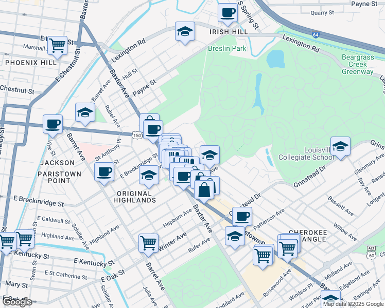 map of restaurants, bars, coffee shops, grocery stores, and more near 933 Cherokee Road in Louisville