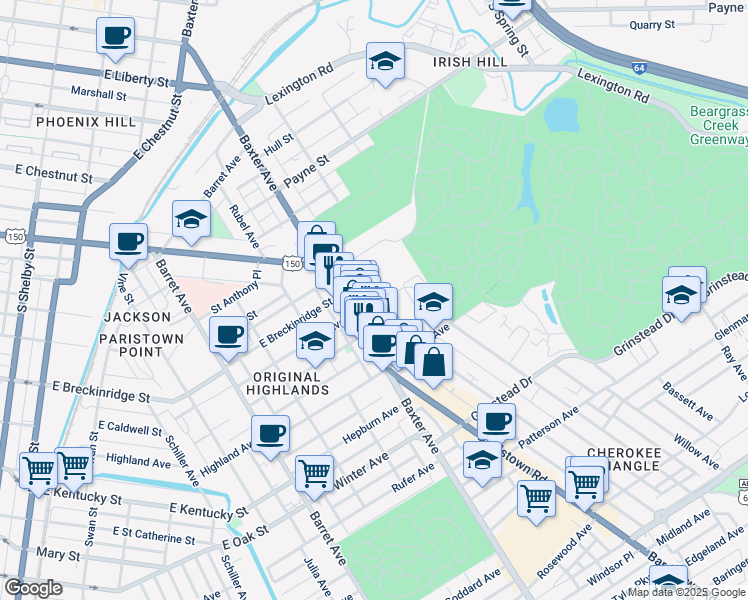 map of restaurants, bars, coffee shops, grocery stores, and more near 915 Baxter Avenue in Louisville