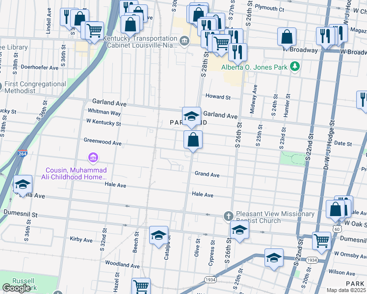 map of restaurants, bars, coffee shops, grocery stores, and more near in Louisville