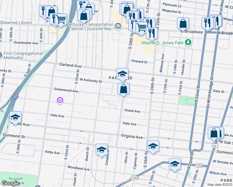 map of restaurants, bars, coffee shops, grocery stores, and more near in Louisville