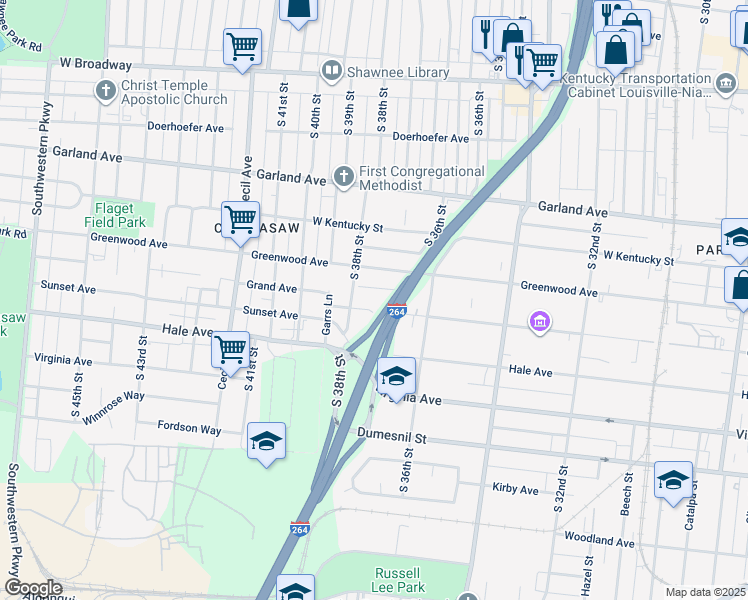 map of restaurants, bars, coffee shops, grocery stores, and more near 3708 Grand Avenue in Louisville
