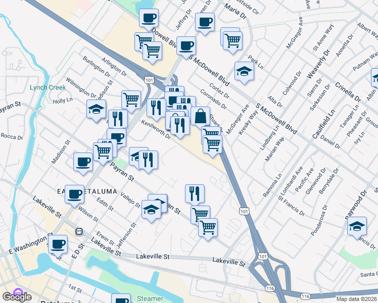 map of restaurants, bars, coffee shops, grocery stores, and more near Kenilworth Drive in Petaluma