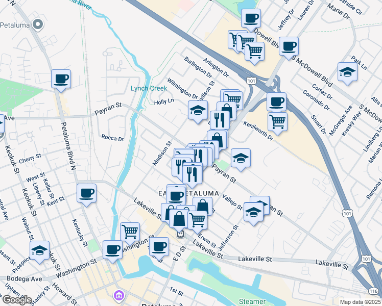 map of restaurants, bars, coffee shops, grocery stores, and more near 724 Marin Way in Petaluma