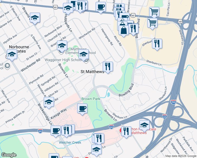 map of restaurants, bars, coffee shops, grocery stores, and more near 425 South Hubbards Lane in Saint Matthews