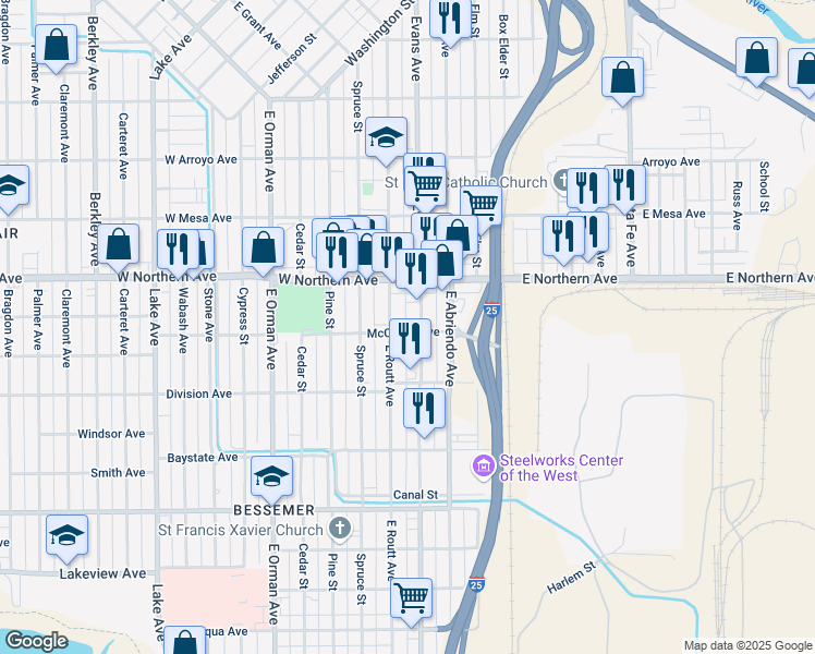 map of restaurants, bars, coffee shops, grocery stores, and more near 421 Central Avenue in Pueblo